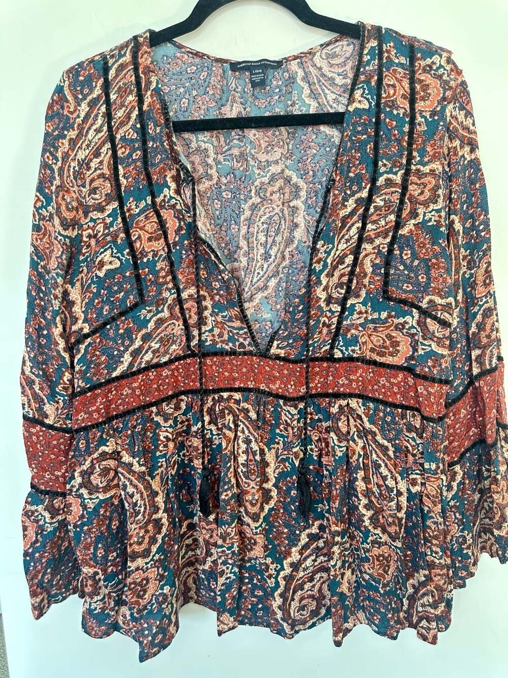 American Eagle Outfitters Paisley Print Velvet Trim Bell Sleeve Tassel Blouse To